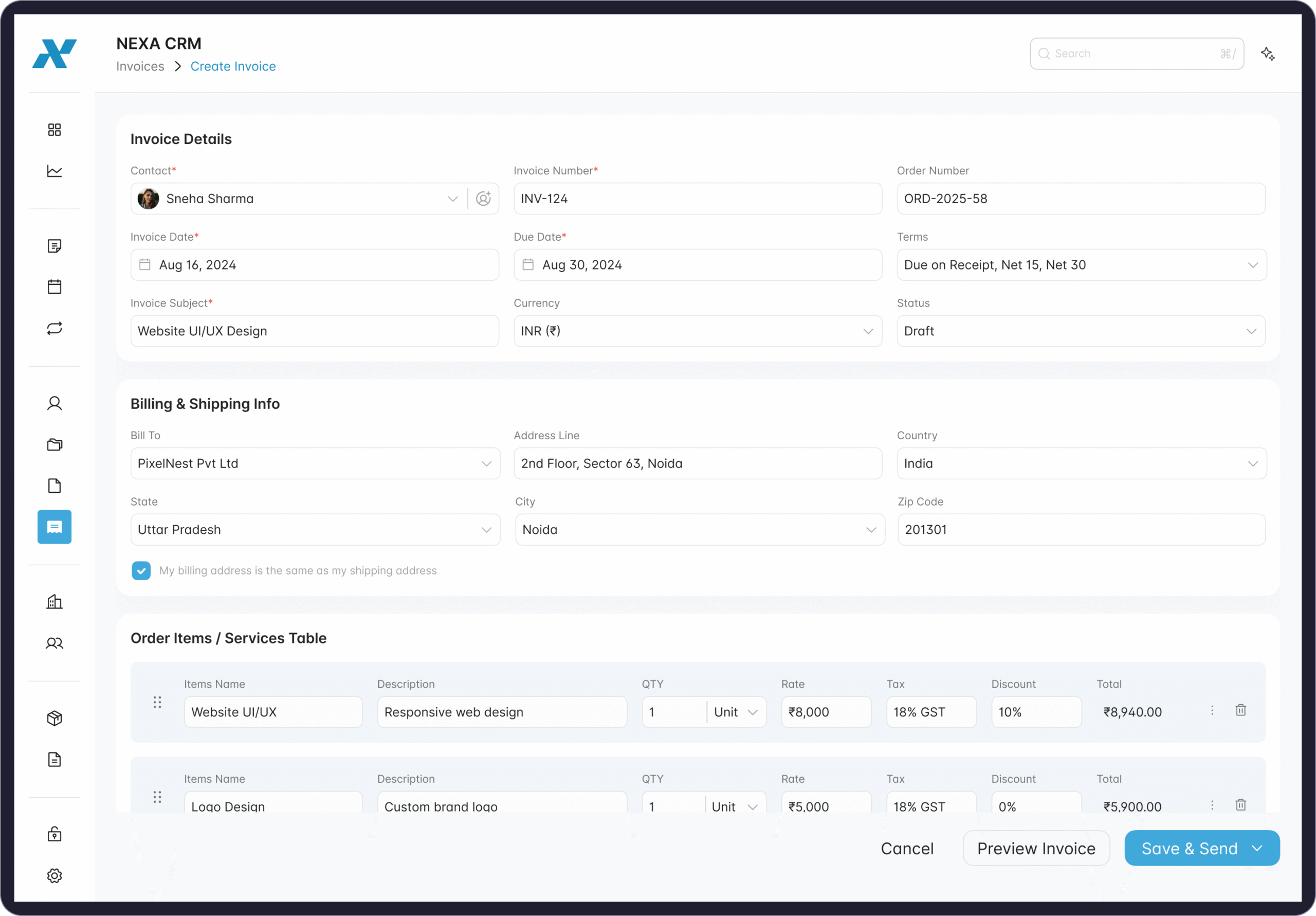 Invoices Create Screen